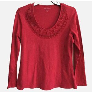 Coldwater Creek Women Size L Red Top Pullover Blouse Cotton Knit Beadwork